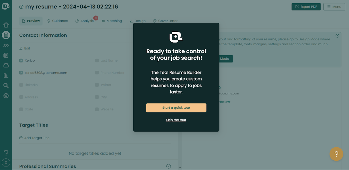 Start tour modal on Teal resume creator tool